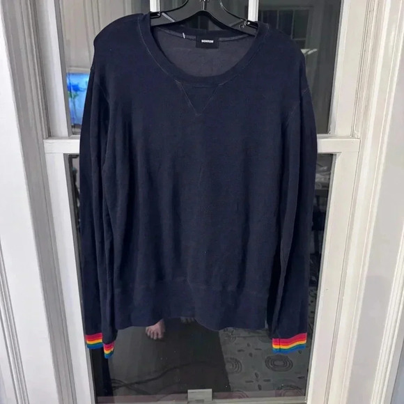 Monroe Women’s Navy Pullover Sweater W/ Stripe Cuffs Size Large - Picture 7 of 7